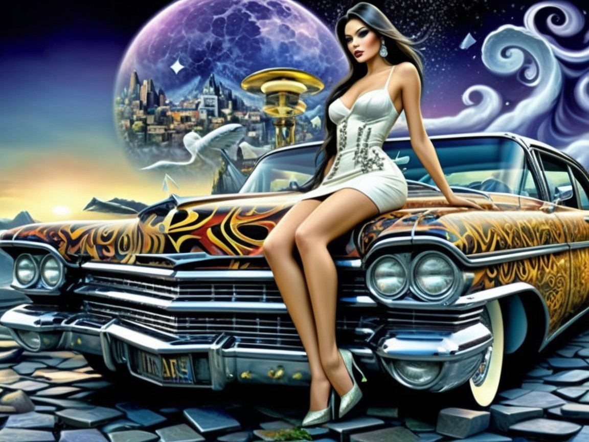 Glamorous Woman in White Dress on Vintage Car