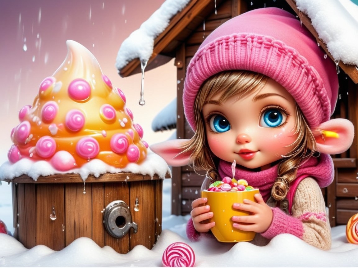 Whimsical Winter Scene with Girl and Ice Cream Hut
