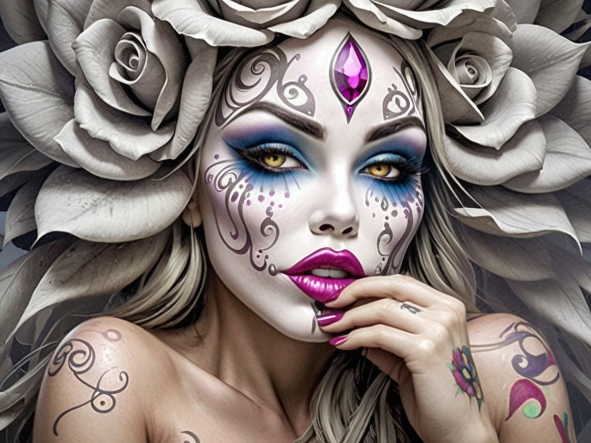 Portrait of a woman with floral patterns and bold makeup
