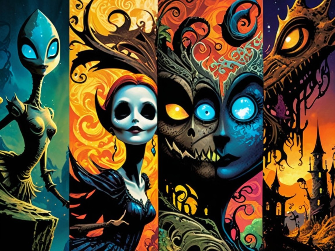 Stylized Characters in a Colorful, Eerie Setting