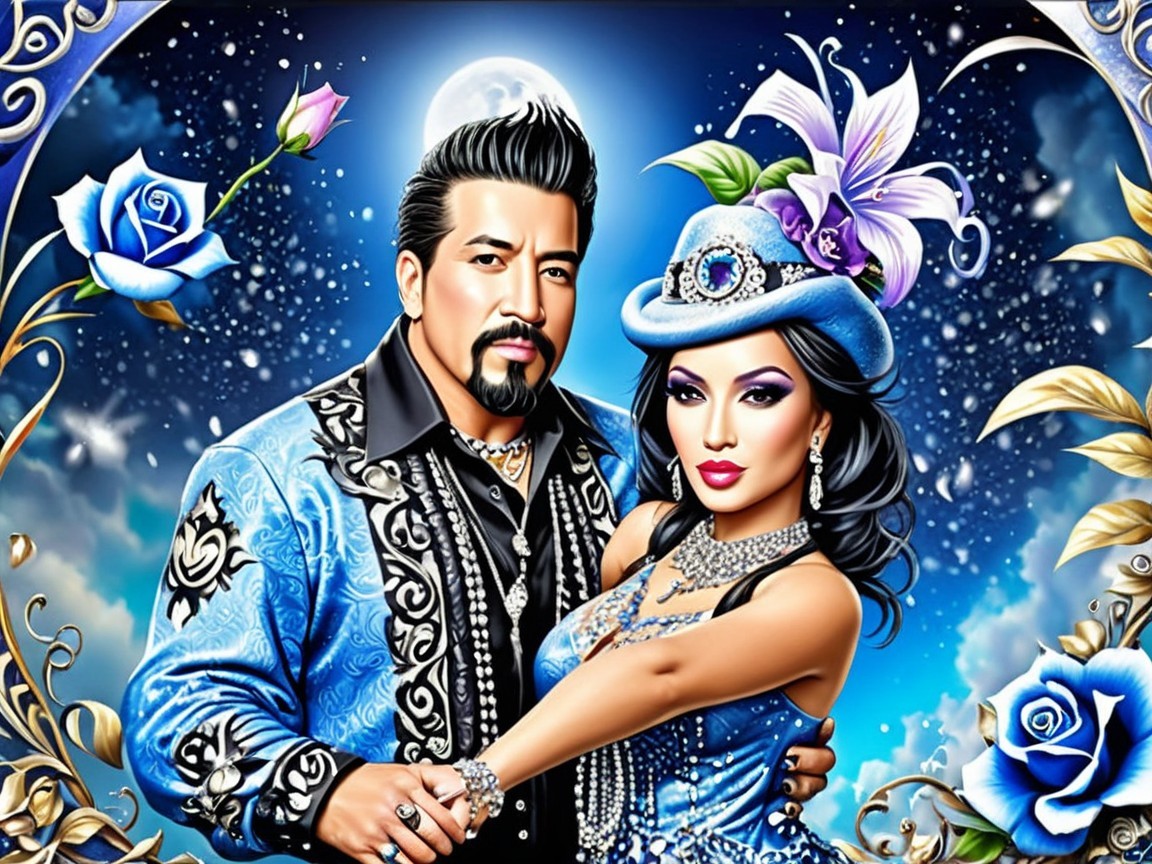 Elegant Couple Surrounded by Blue Roses and Flowers