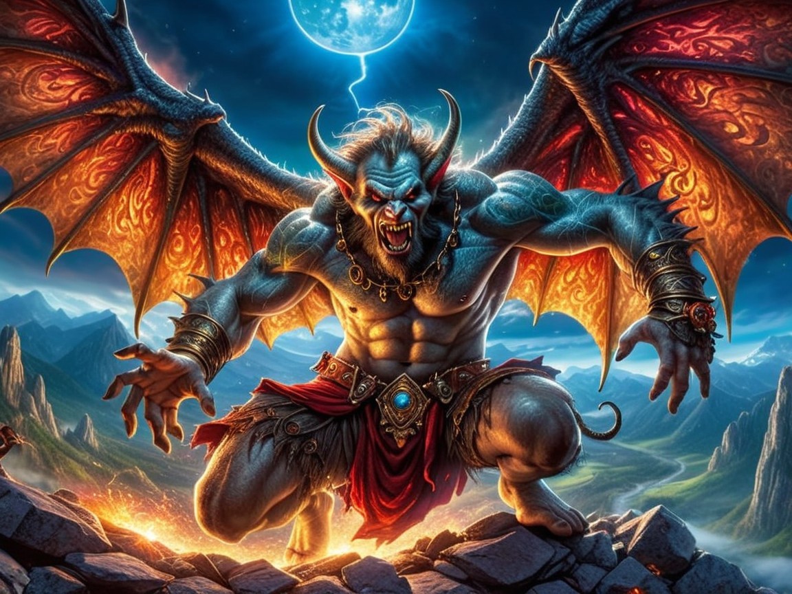 Muscular Demon in Rocky Landscape with Lightning Sky