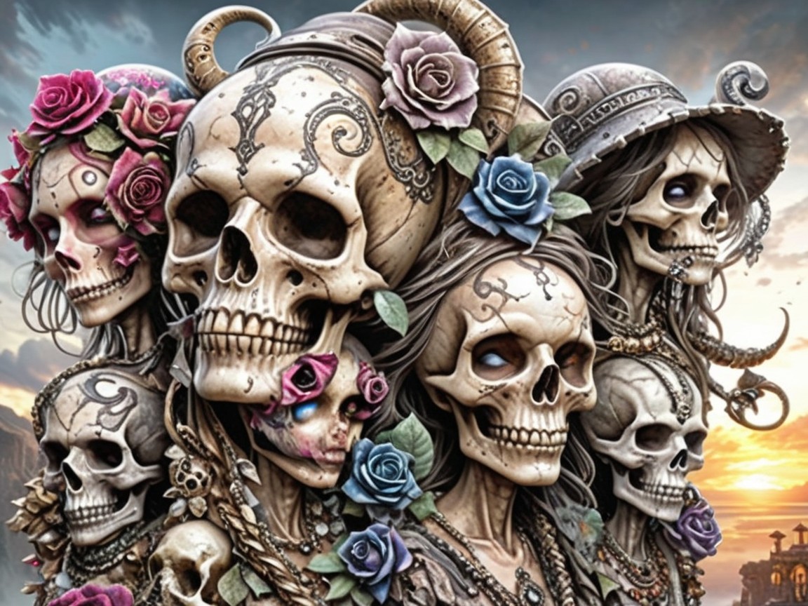 Intricate Skulls with Floral Elements and Accessories