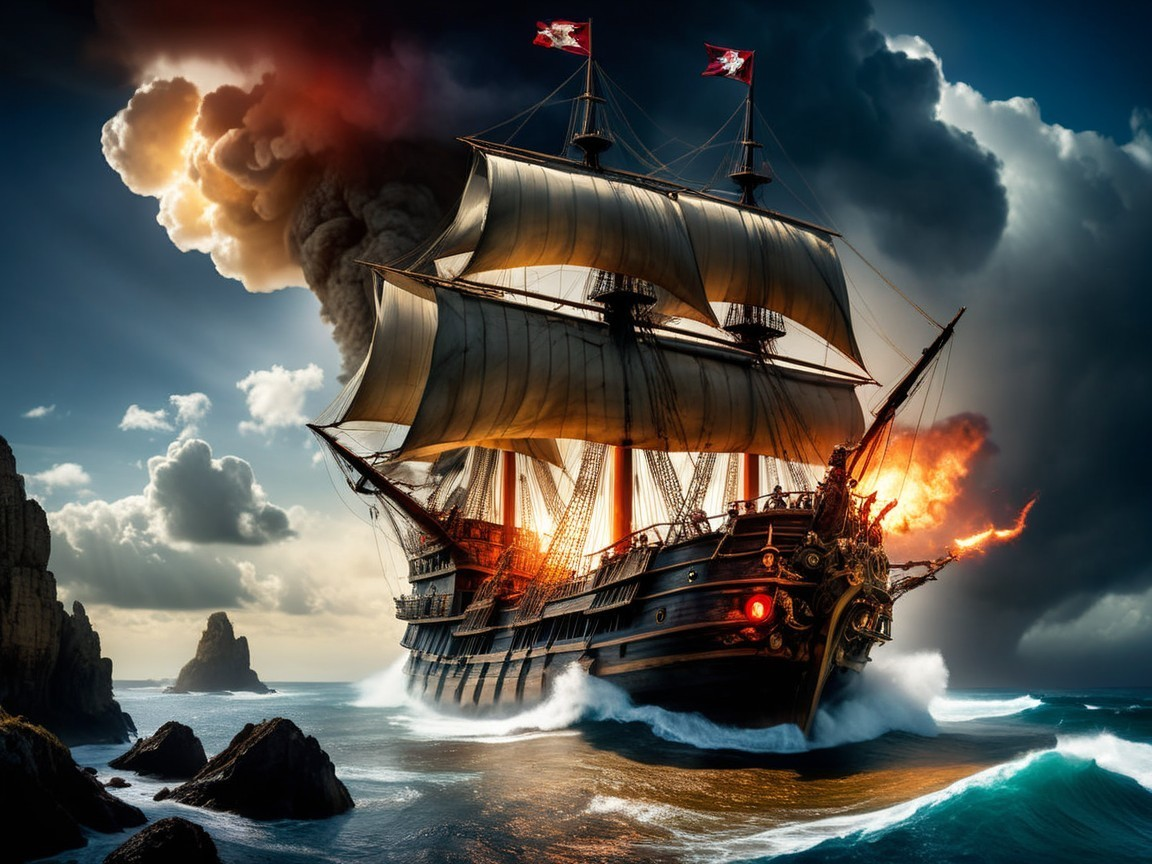 Majestic pirate ship on tumultuous waters with flames
