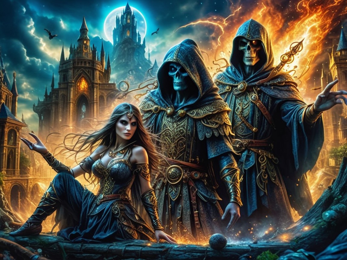 Sorceress in Armor Surrounded by Dark Ruins and Figures