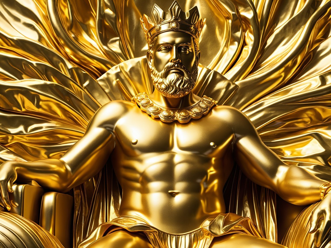Golden Sculpture of a Regal King on Throne