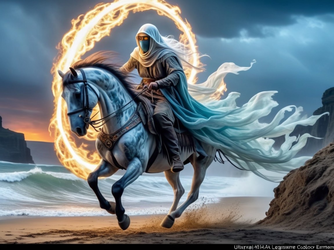 Mystical Figure on Blue Horse by Ocean Cliffs