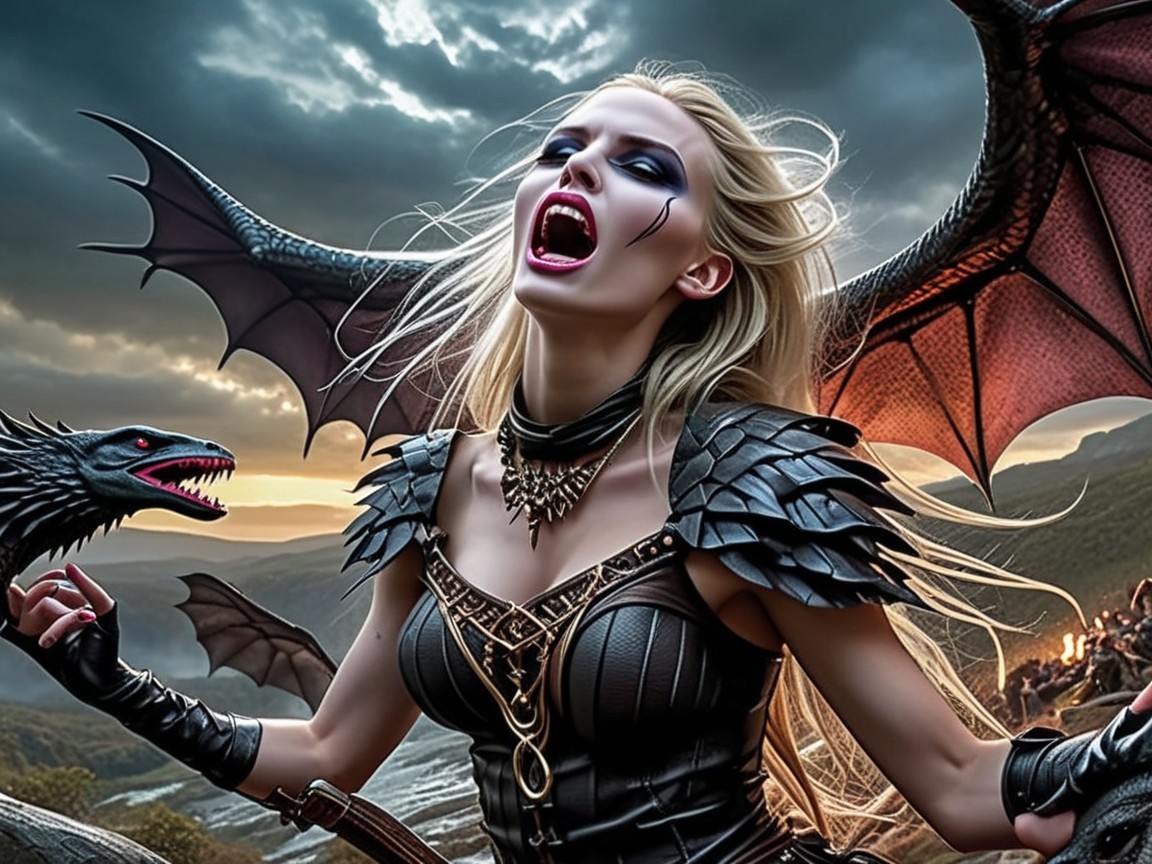 Fierce Woman in Dark Fantasy Attire with Wings and Dragon