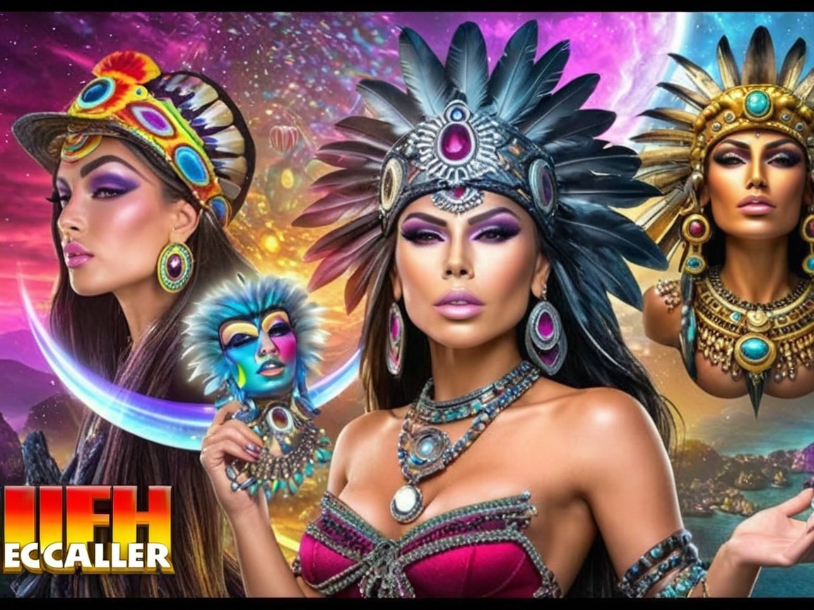 Surreal Landscape with Women in Colorful Costumes