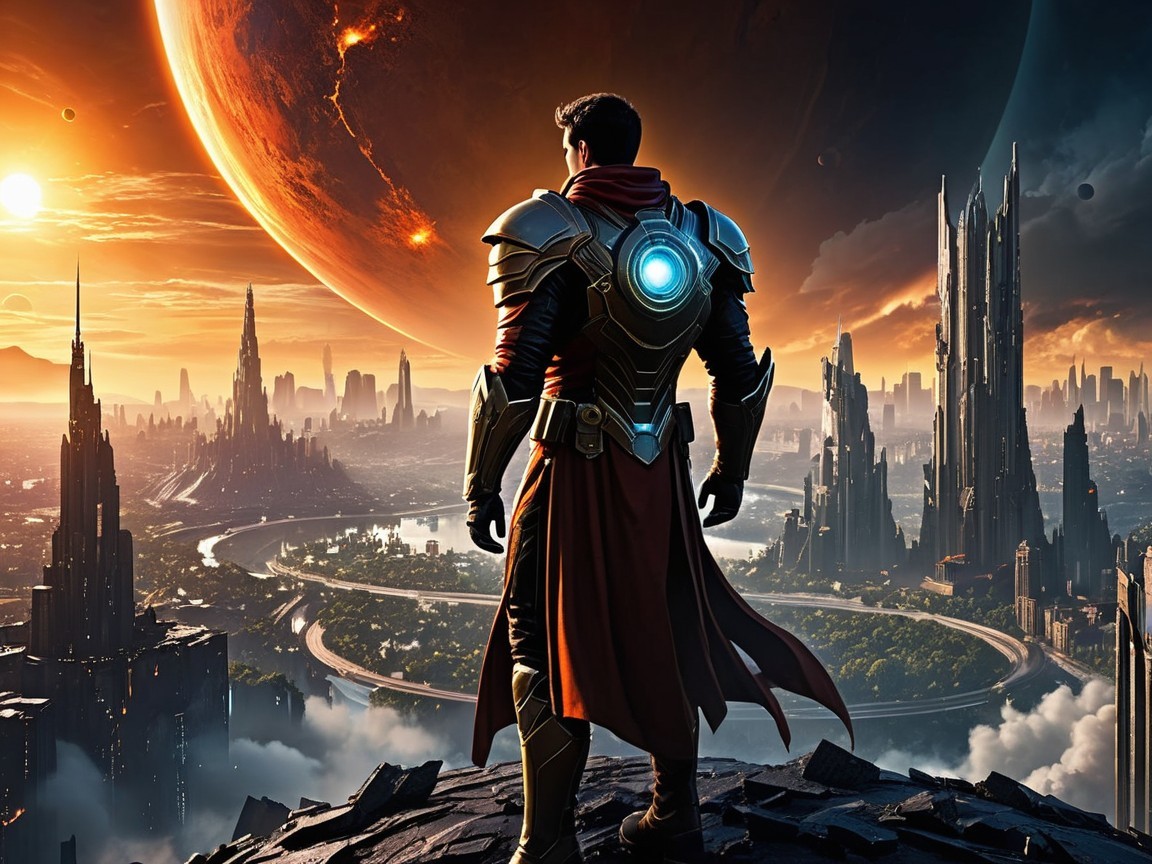 Heroic Figure Overlooks Futuristic Cityscape at Dusk