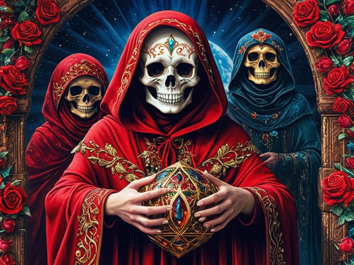 Cloaked Figures with Skull Faces in Enchanted Setting