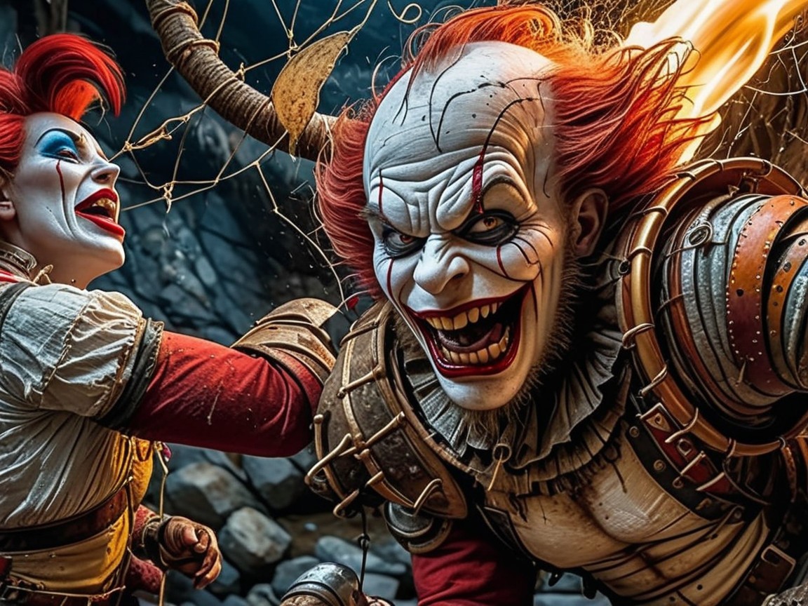 Sinister Clown and Woman in Dark Atmospheric Setting