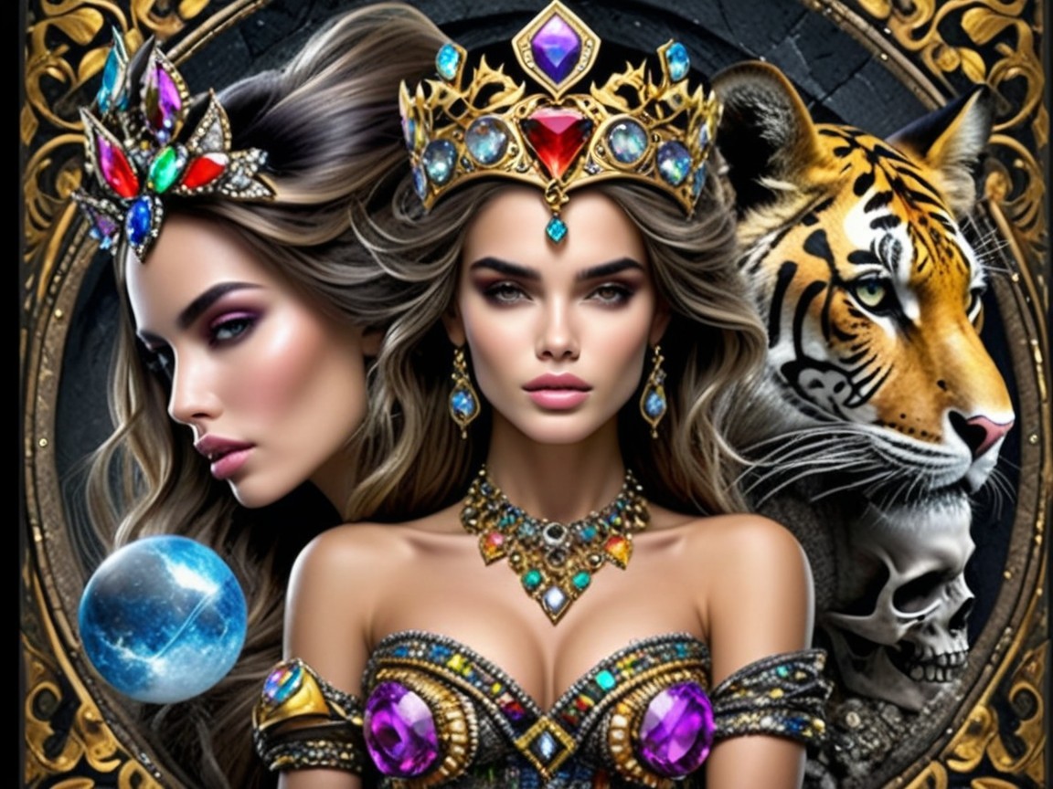 Regal Woman with Tiger and Celestial Orb in Fantasy Scene