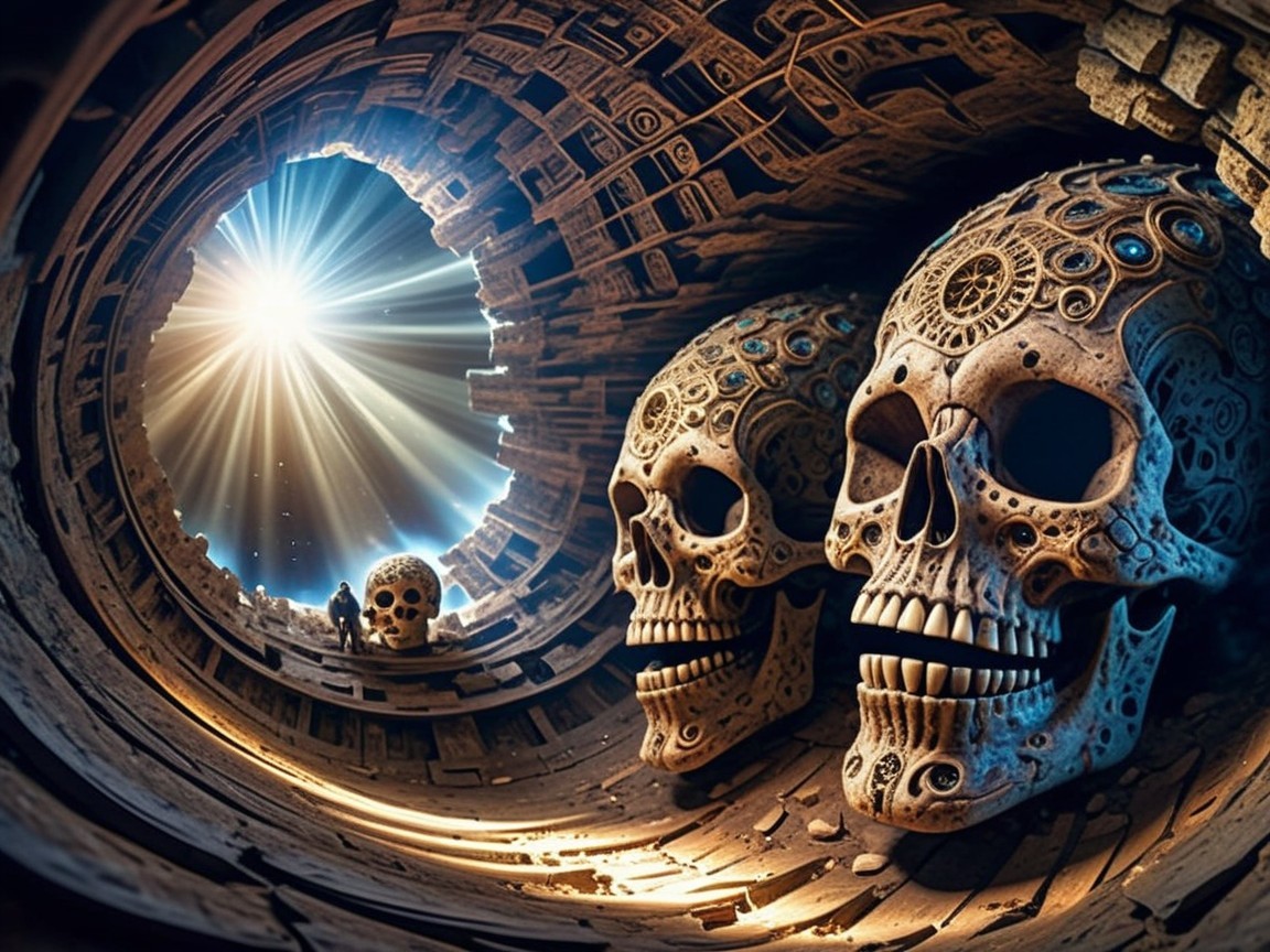 Surreal Underground Environment with Ornate Skulls