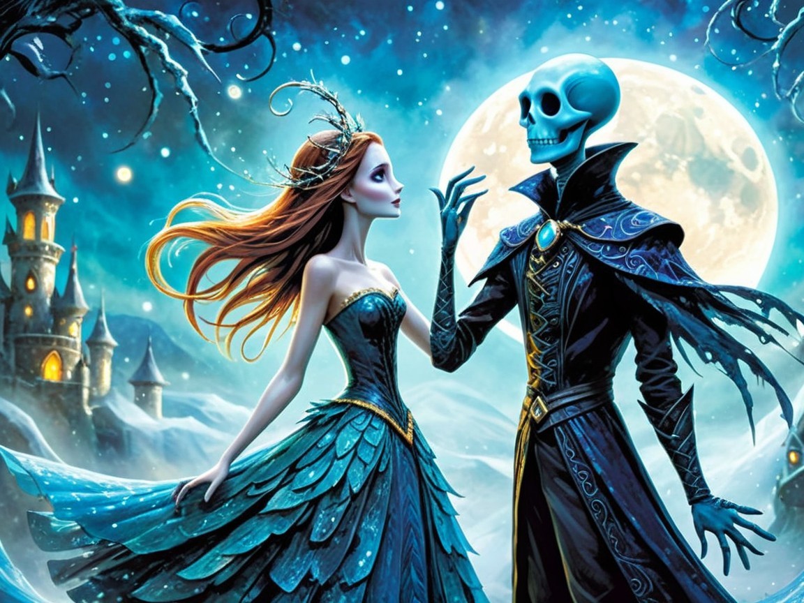 Mystical Scene with Woman and Skeletal Figure Under Moon