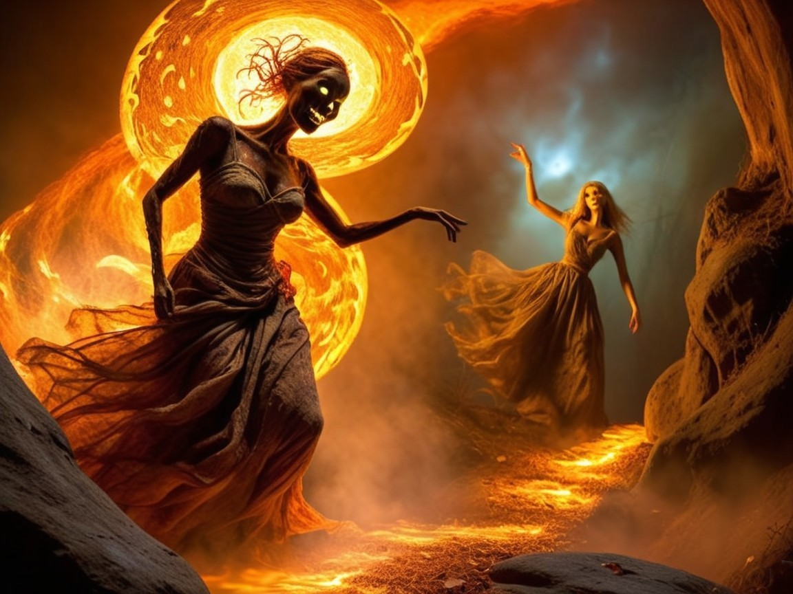 Mystical Scene with Figures and Swirling Flames