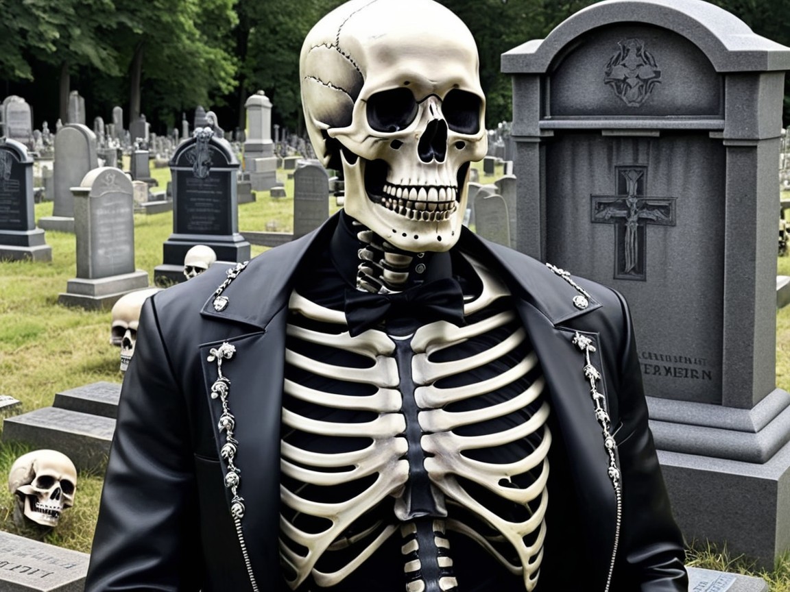 Skeleton in Tuxedo Among Gravestones in Cemetery
