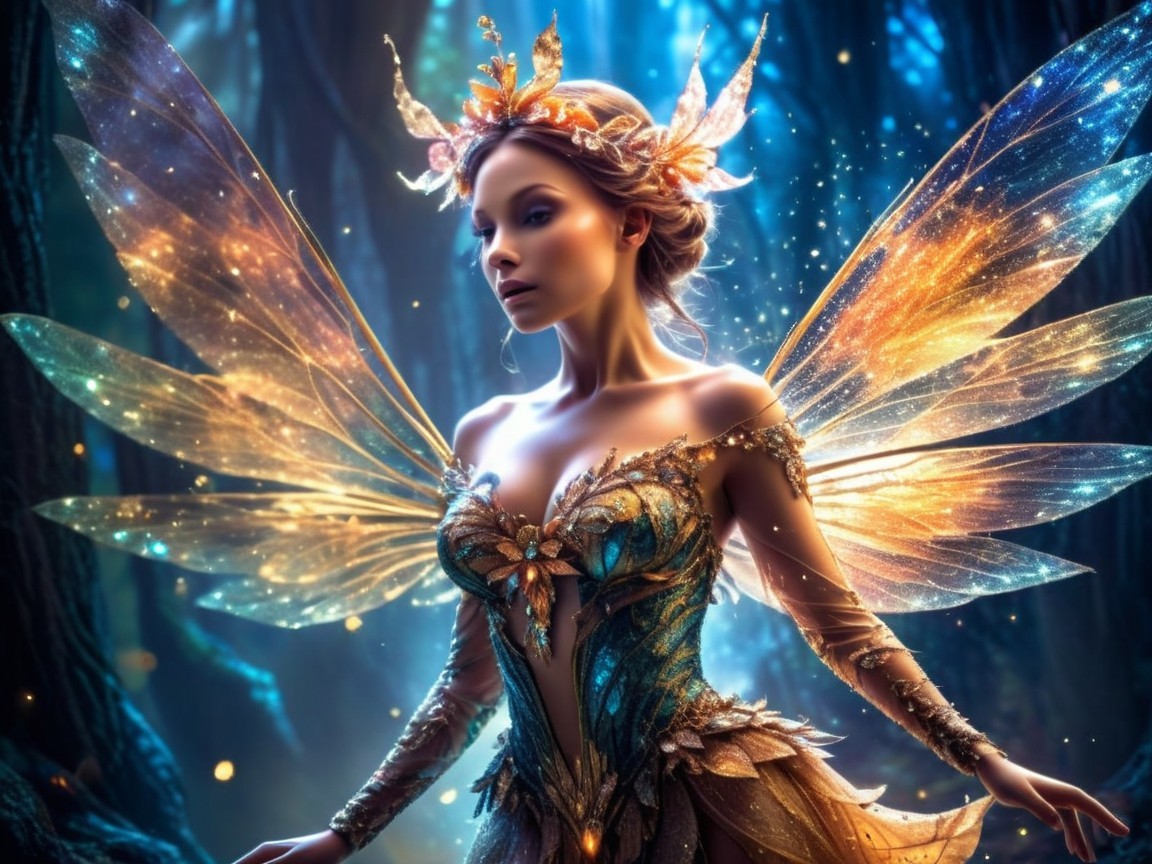 Magical fairy in ornate gown in mystical forest