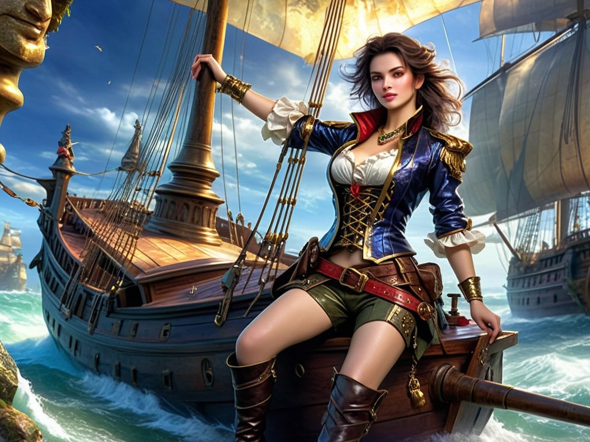 Female pirate on ship deck with dramatic backdrop