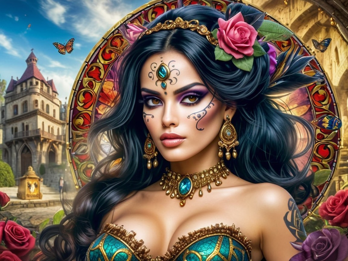 Woman in Intricate Jewelry Against Castle Backdrop