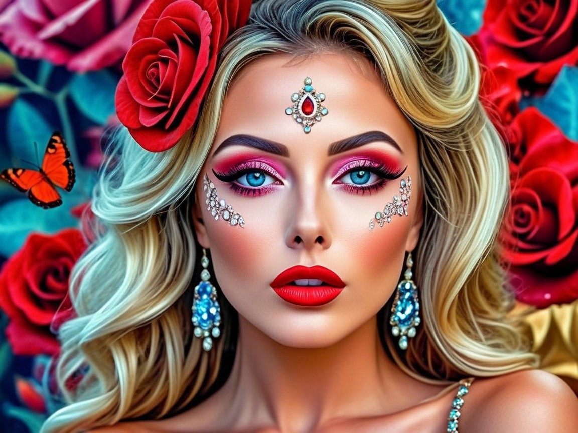 Glamorous Portrait of a Woman with Floral Accents