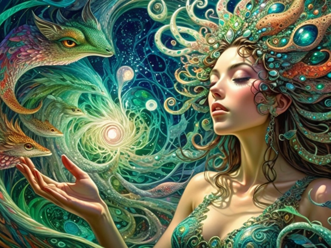 Mystical Woman in Ethereal Landscape with Serpents