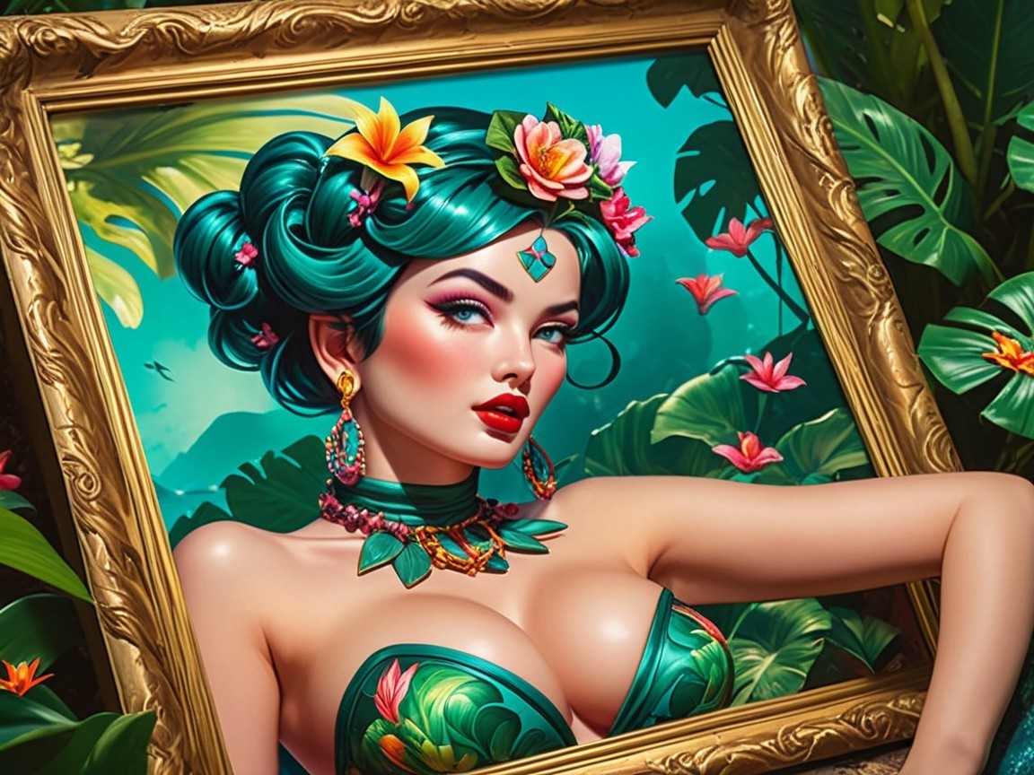 Vibrant Woman with Teal Hair in Floral Setting