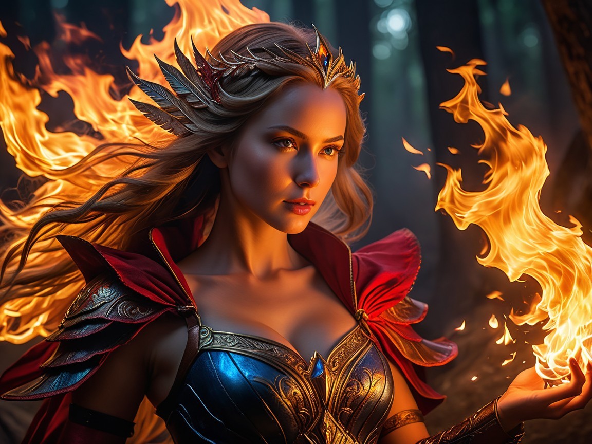 Fantasy Character in Fiery Armor in Enchanted Forest