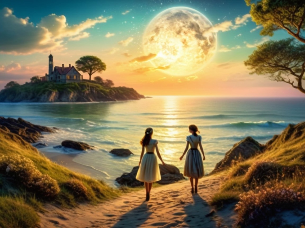 Women Walking on Beach at Sunset with Lighthouse