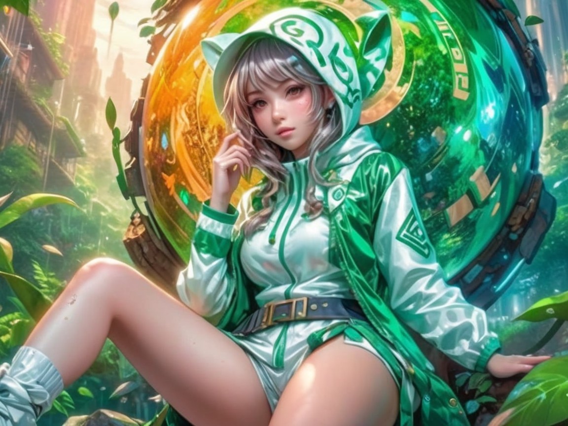 Futuristic character in green outfit in vibrant landscape