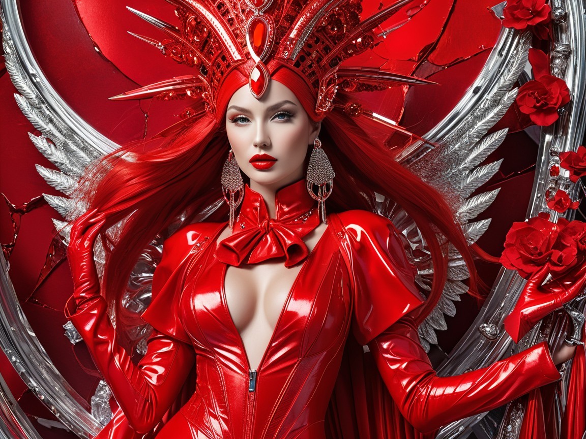 Regal figure in red attire with crown and wings