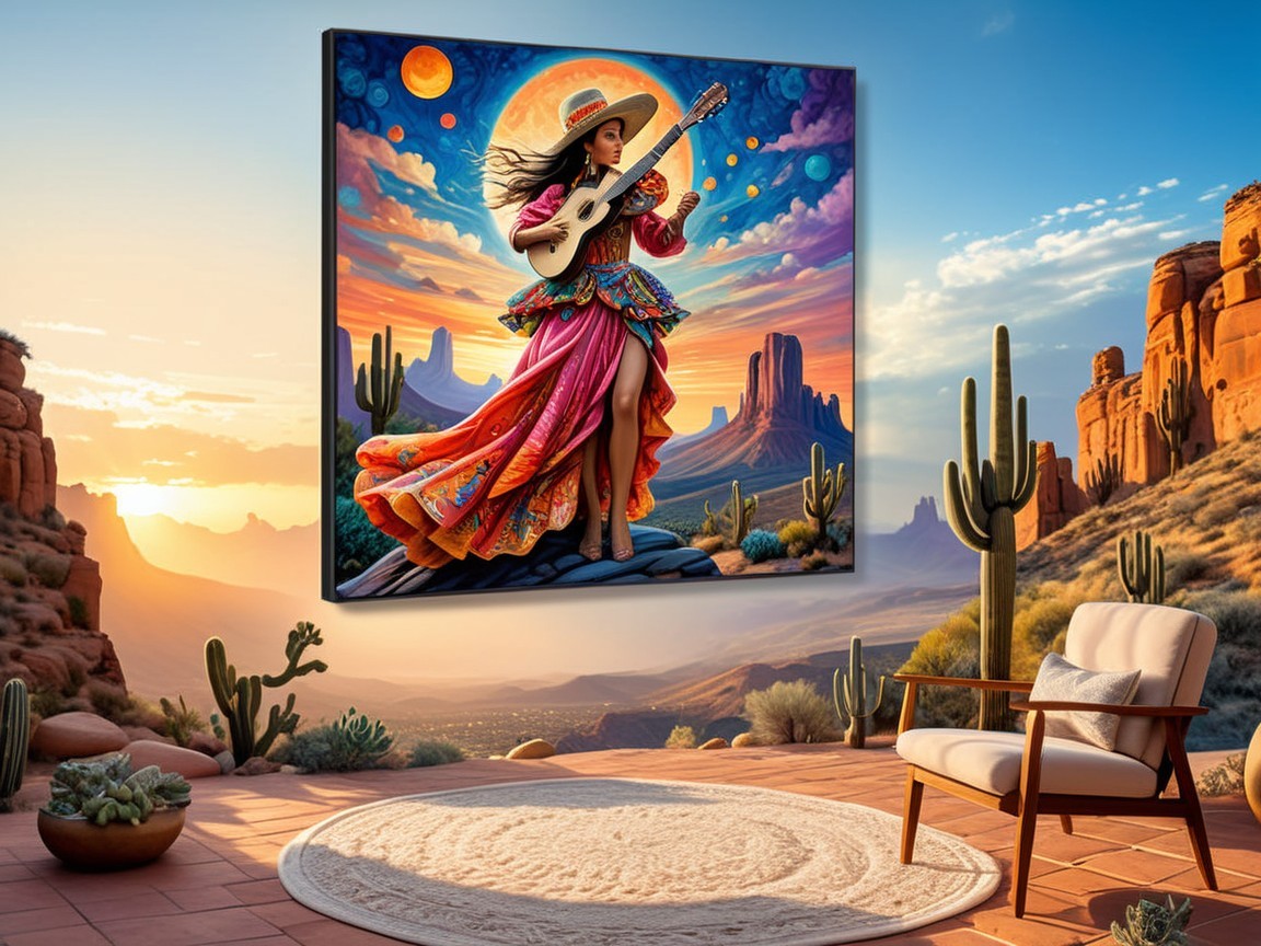 Vibrant mural of a woman playing guitar at sunset