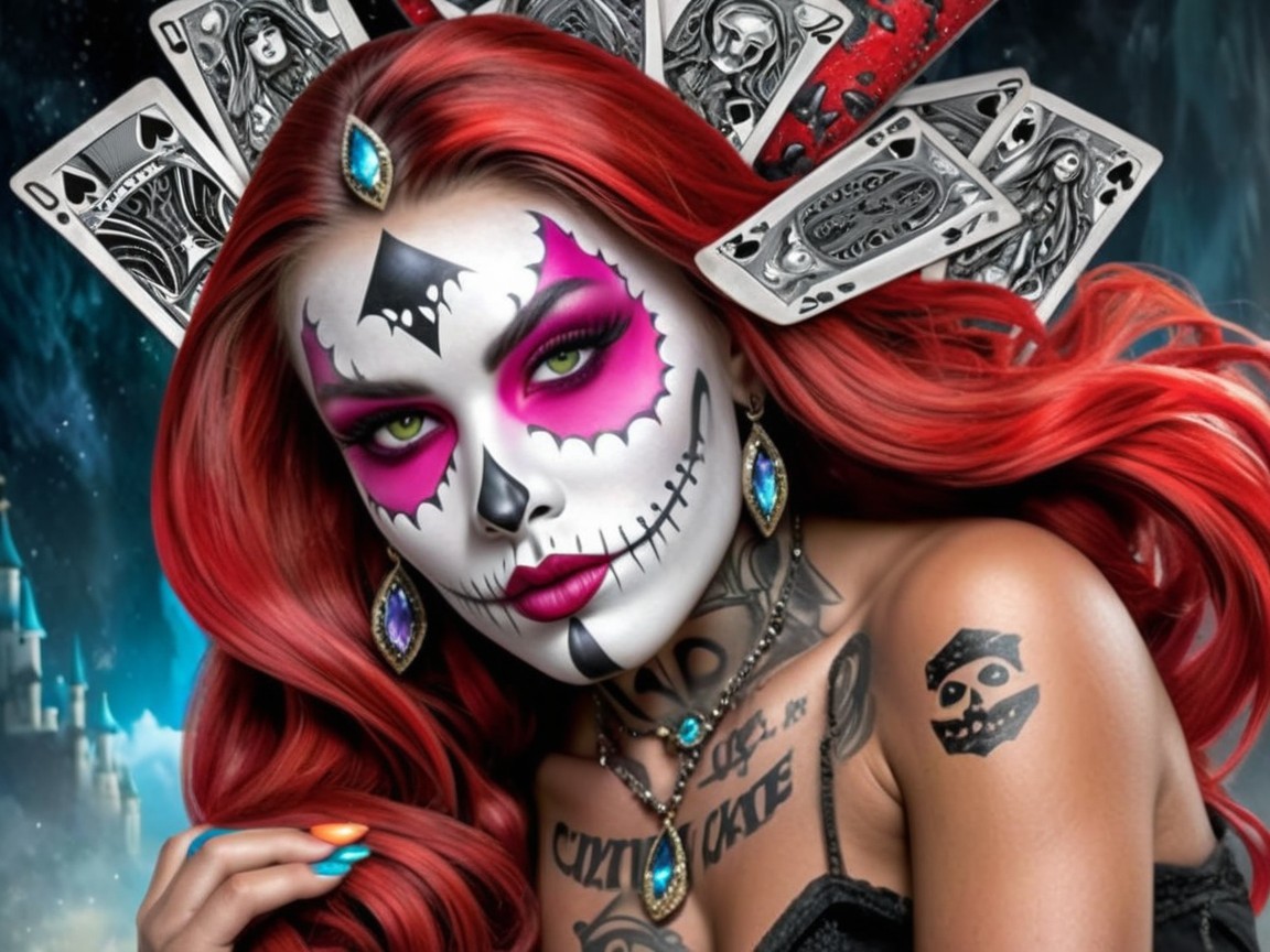 Vibrant Red-Haired Woman with Skull Makeup and Cards