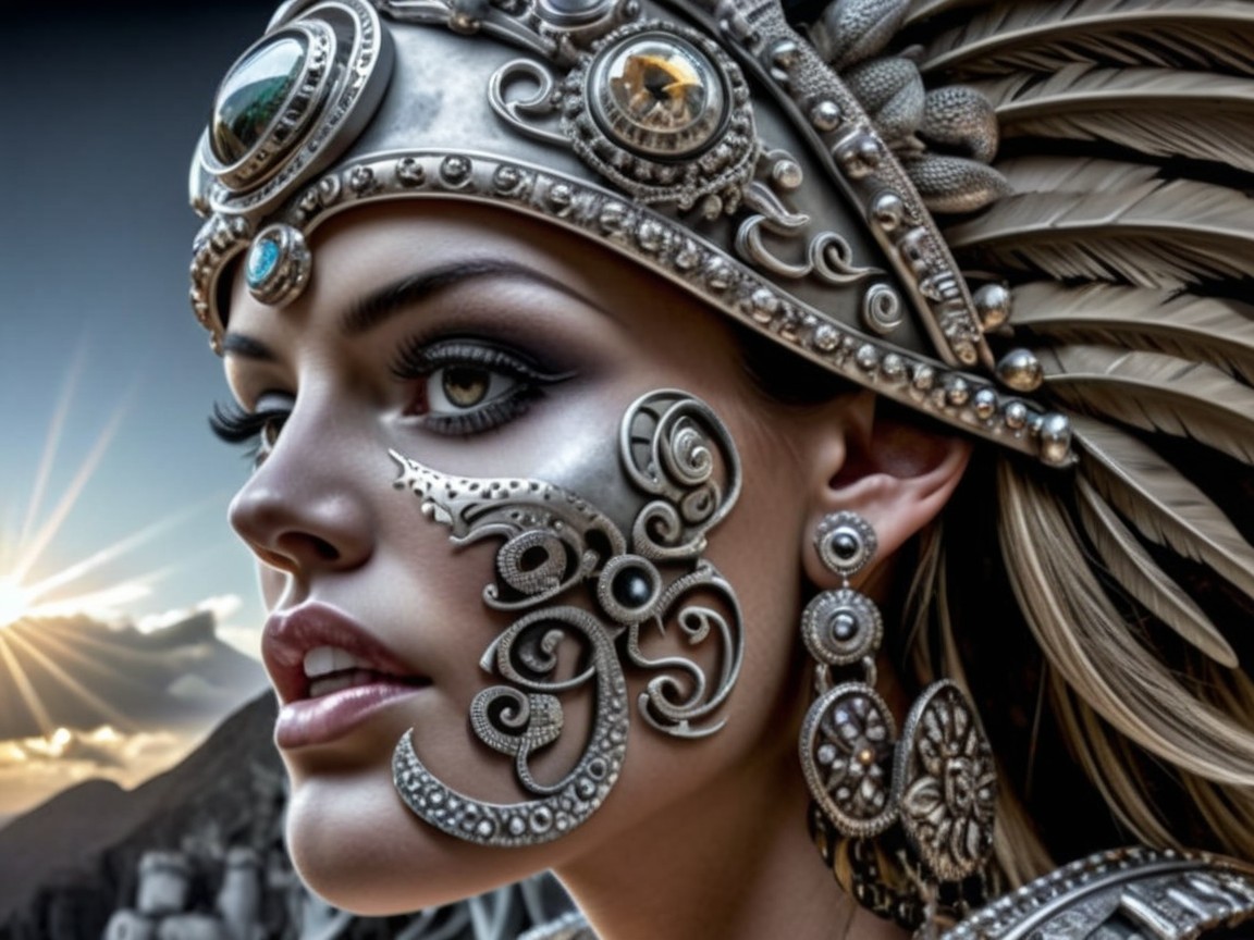 Portrait of a woman with silver jewelry and headdress