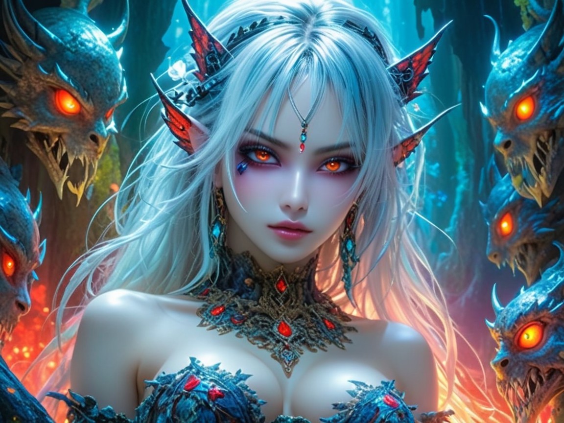 Fantasy Character with White Hair and Orange Eyes