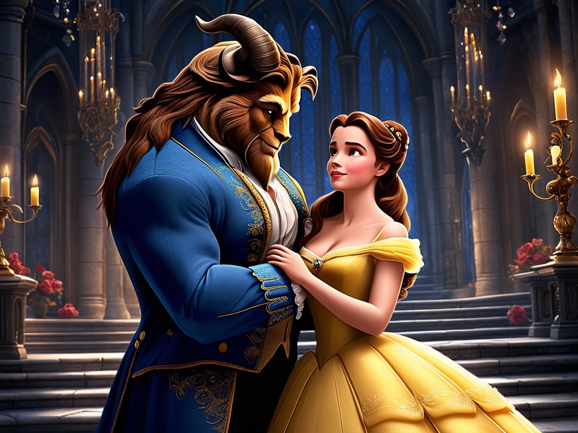 Candlelit Ballroom Scene with Belle and the Beast
