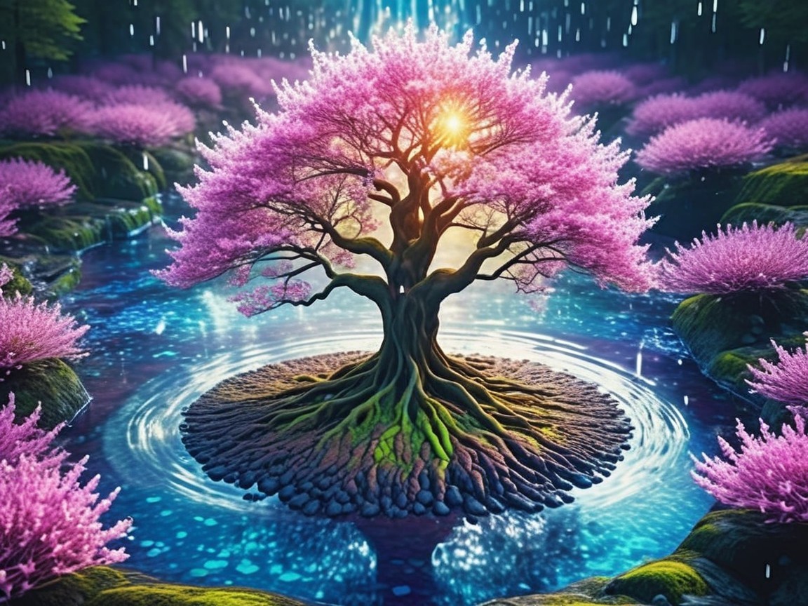 Cherry Blossom Tree by Tranquil Pond with Sunlight