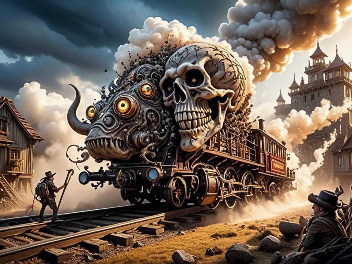 Fantastical Steam Locomotive with Eerie Elements and Cowboy