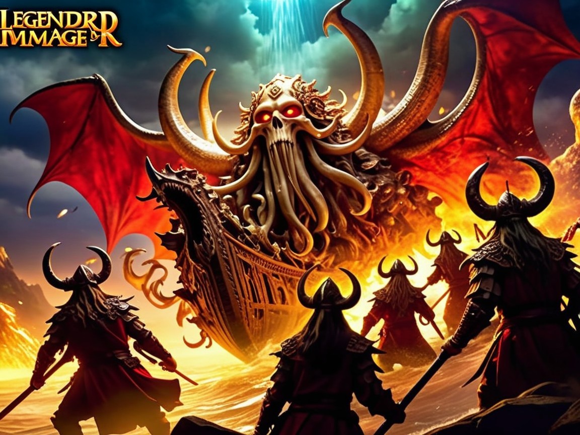Dramatic Fantasy Scene of Armored Figures and Monster