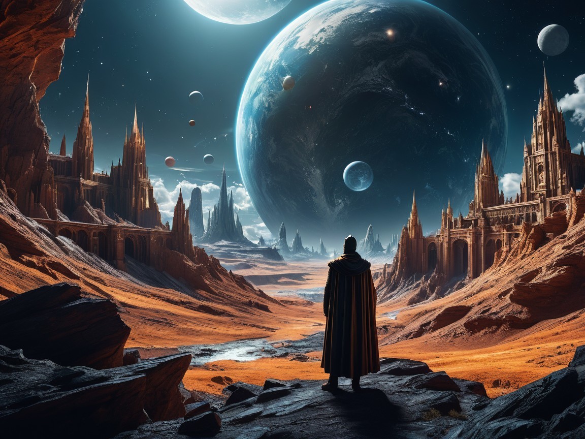 Lone Figure Overlooks Alien Landscape with Celestial Bodies
