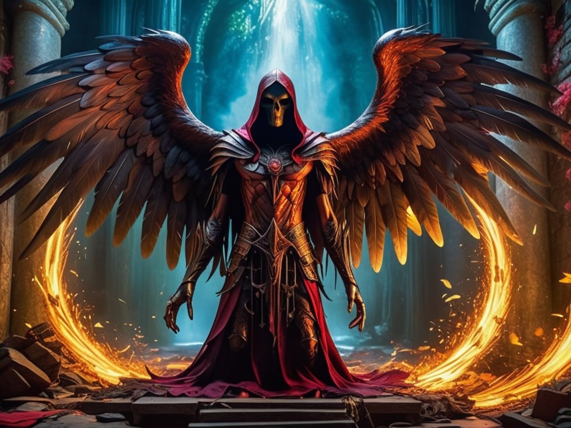Mystical Figure with Fiery Wings in Enchanted Setting