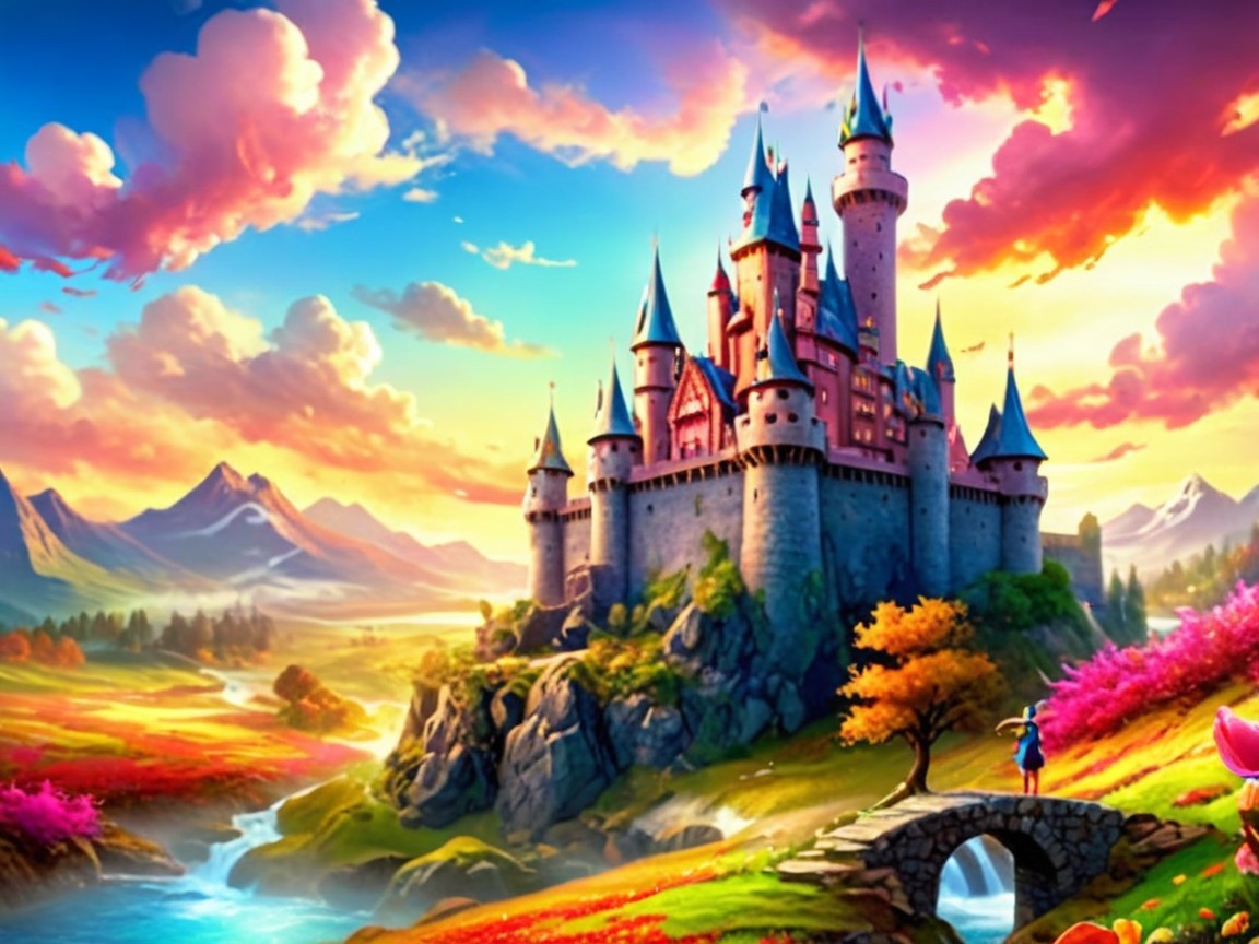 Majestic castle on a hill with vibrant landscape elements