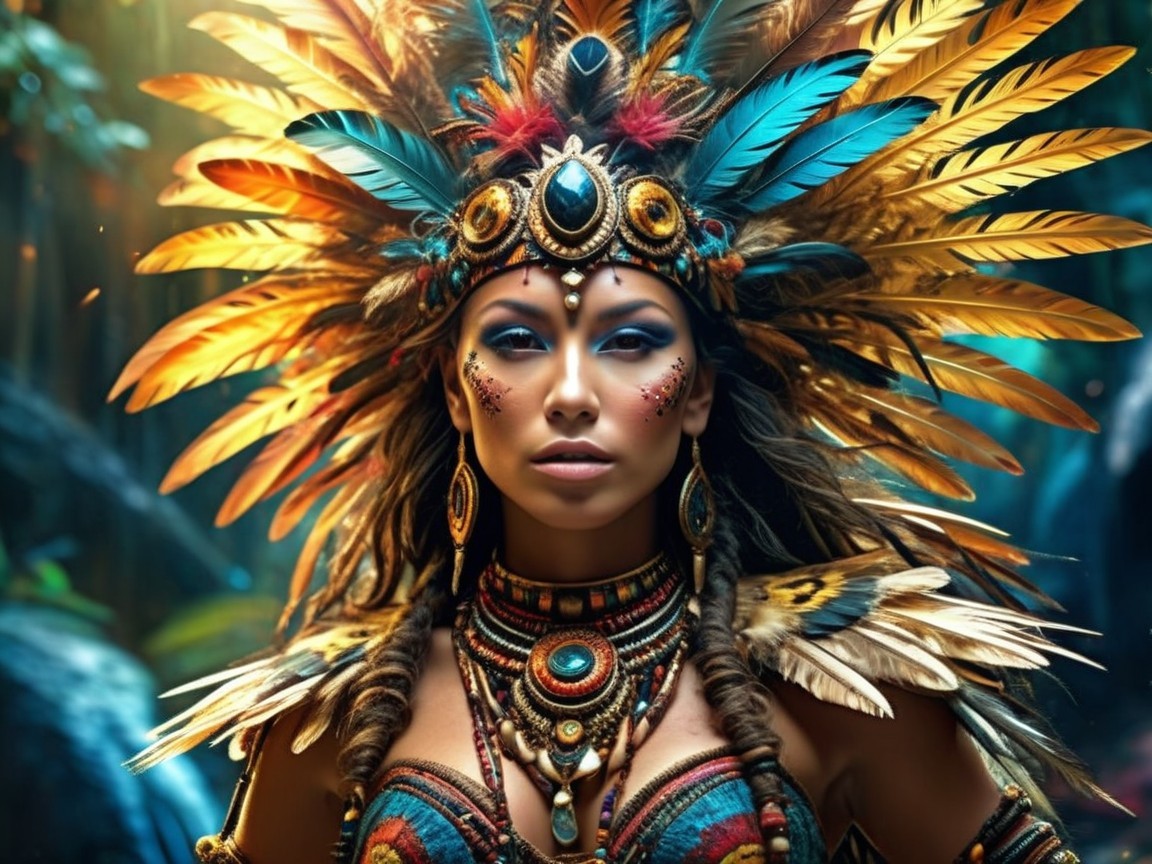 Vibrant Tribal Attire in a Mystical Forest Setting