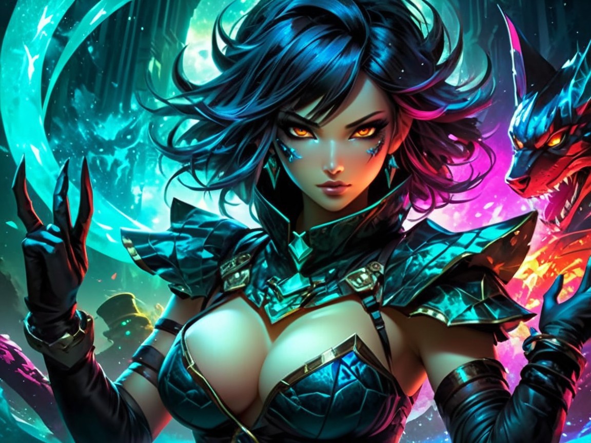 Fierce Female Warrior in Mystical Night Sky Setting