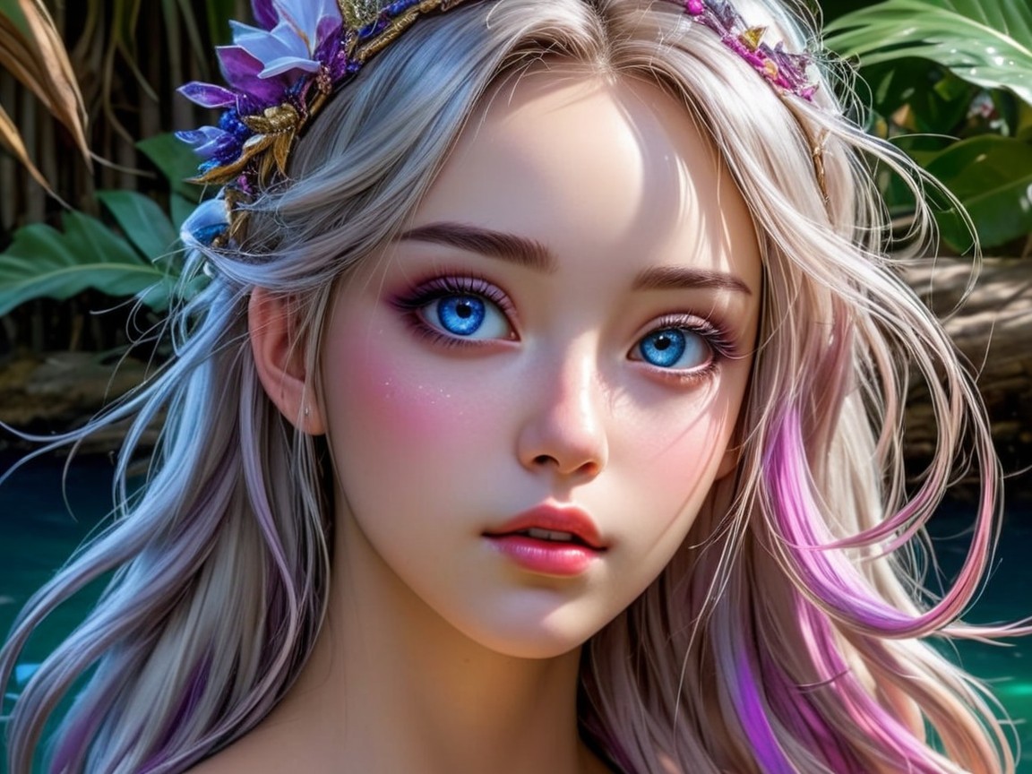 Blonde Girl with Floral Crown in Serene Nature Setting