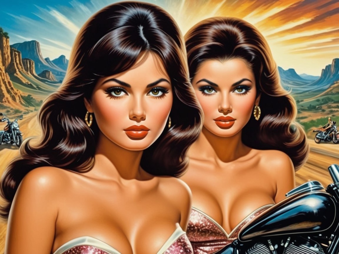 Glamorous Women in Desert Landscape with Motorcycles
