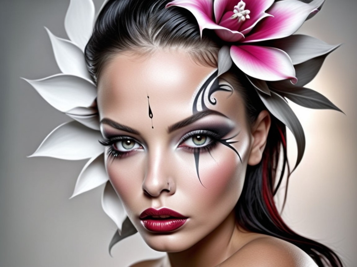 Beauty Portrait with Dramatic Makeup and Floral Accents