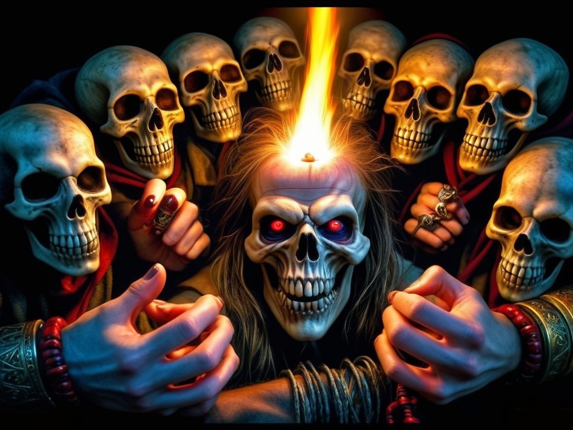Skull with Red Eyes and Flames Surrounded by Skulls