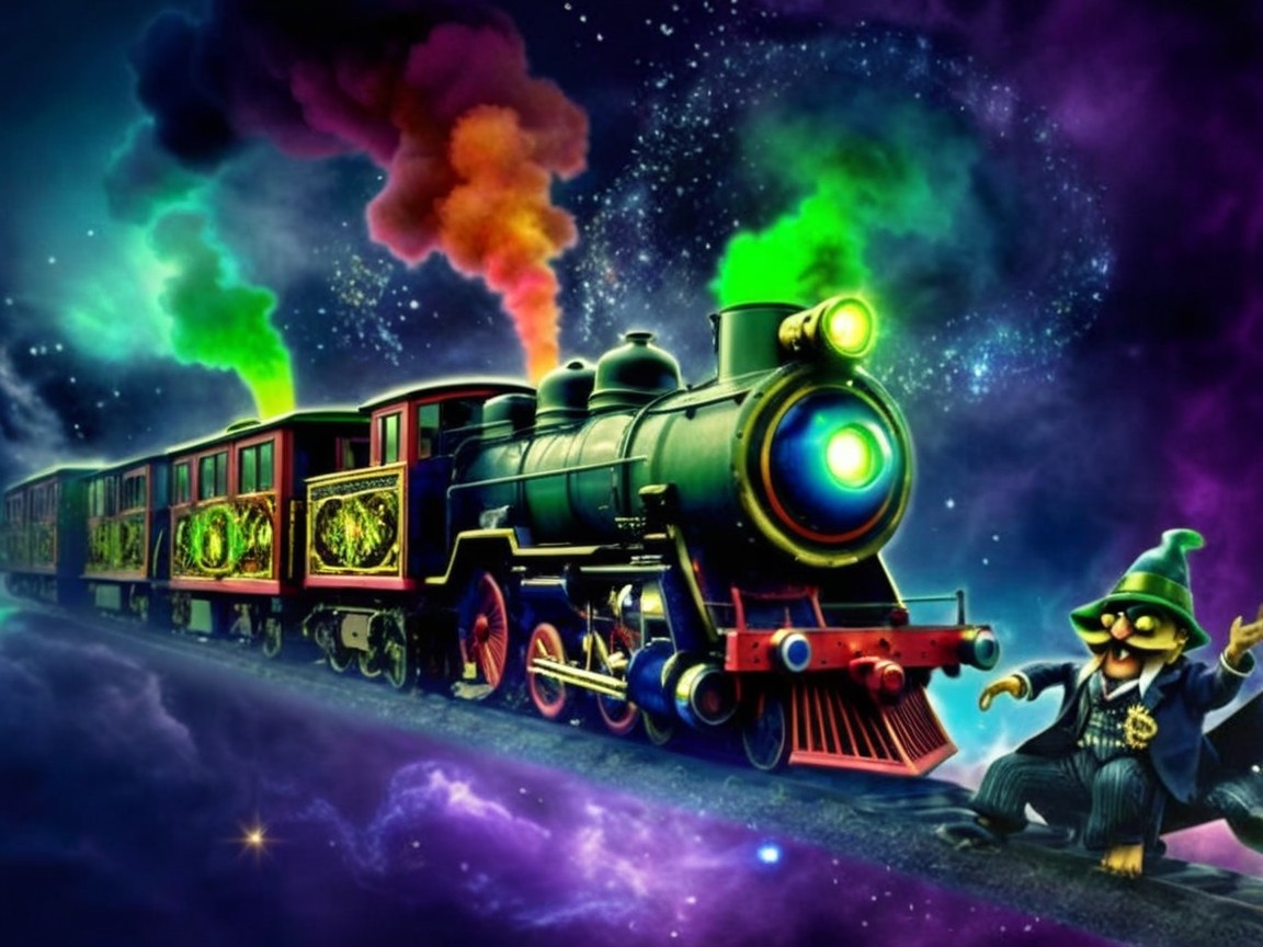 Whimsical Steam Locomotive in a Cosmic Landscape