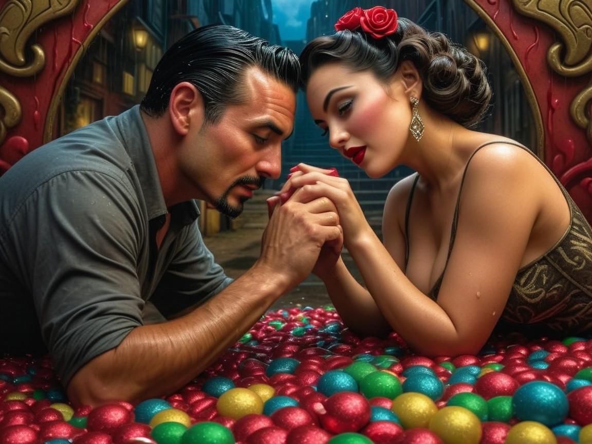 Arm Wrestling on Christmas Baubles with Colorful Frame